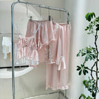 Blue Pajamas Set Elegant Home Clothes Ice Silk Sleepwear Women Loose Trousers Suit Four Seasons Loungewear Sexy Lace Nightgown