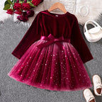 2025 Red Christmas Dress for Baby Girls Winter Long Sleeve Mesh Dresses for 3-8Yrs Kid Star Sequin Birthday Party Princess Dress
