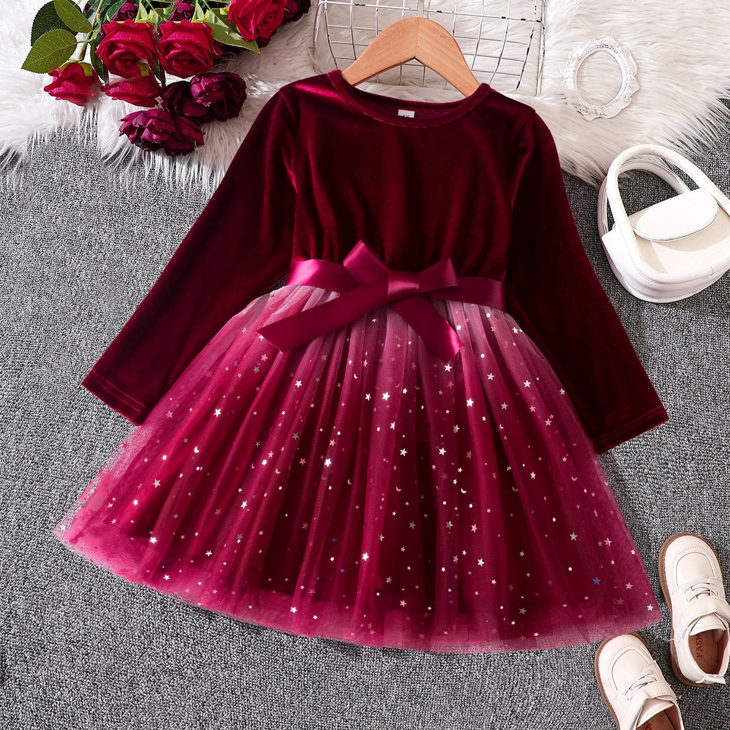 2025 Red Christmas Dress for Baby Girls Winter Long Sleeve Mesh Dresses for 3-8Yrs Kid Star Sequin Birthday Party Princess Dress