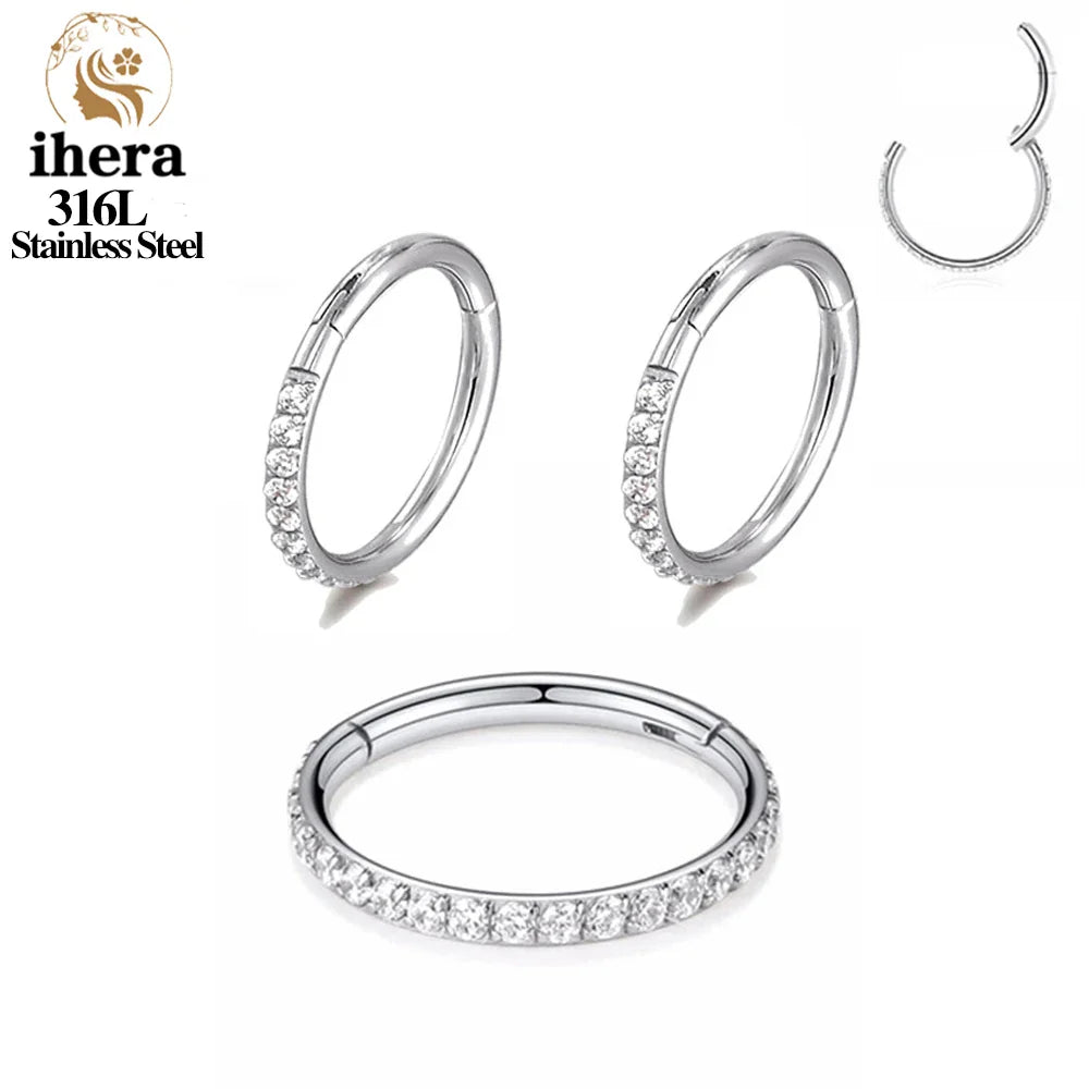 316L Stainless Steel Zircon CZ Hinged Segment Nose Septum Clicker Ring Round Earrings Hoops Ear Tragus Helix Piercing Jewelry