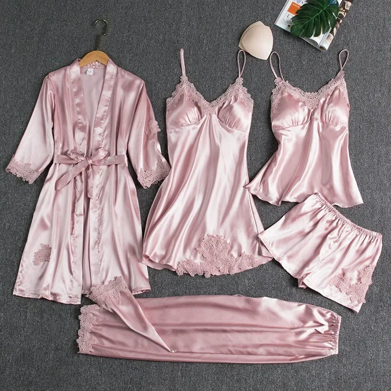 5-piece Set of Women's Sleepwear Sexy Silk Nightgown Lace Satin Nightgown V-neck Vest Breathable Comfortable Women's Nightgown