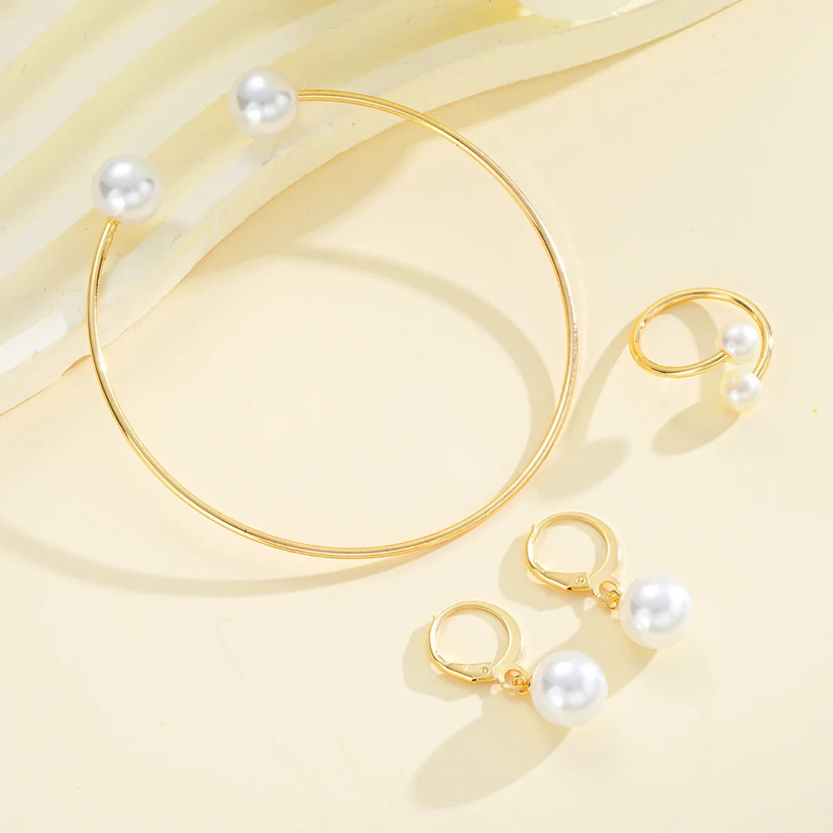 4Pcs/Set Simple Pearl Earrings Ring Bangle for Women Vintage Exquisite Gold Color Jewelry Set Female Wedding Party Jewelry Gifts