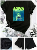 1pc Women's Plus Size Casual T-Shirt, JAWS Graphic, Round Neck, Short Sleeve, Oversized Alphabet Tee for All Seasons