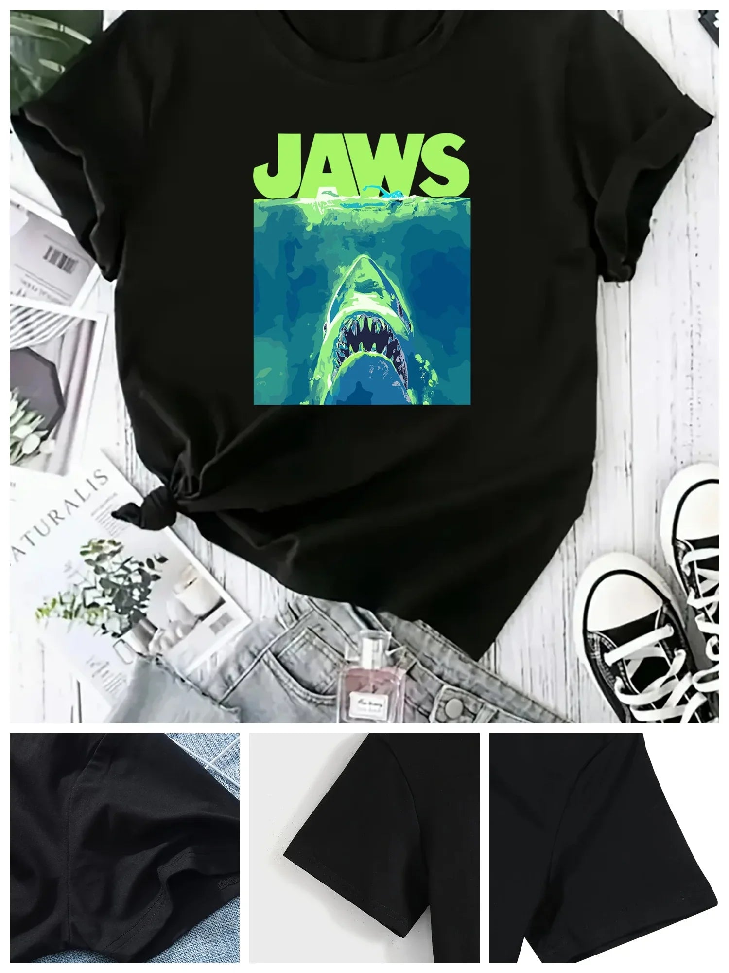 1pc Women's Plus Size Casual T-Shirt, JAWS Graphic, Round Neck, Short Sleeve, Oversized Alphabet Tee for All Seasons