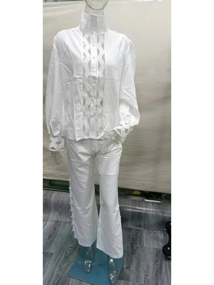 2 Piece Set Women Plus Size Hollow Out Sexy Young Daily Soft Full Sleeve Fashion Pants Wide Leg Wholesale Dropshipping