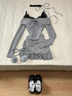 2024 High Street Two Piece Set Gray Slash Neck Long Sleeve Spliced Plested Dresses Y2k Aesthetic Vintage Lace Design Sling Dress