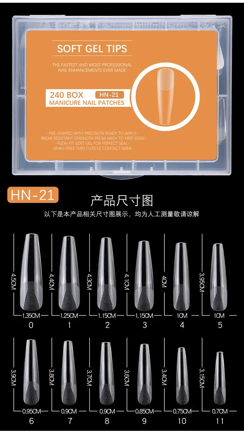 240PCs Extra Long XXL Size False Nail Tips Soft Gel Coffin Square Almond Fake Nail Tips Half Matte No Trace Traceless Nails