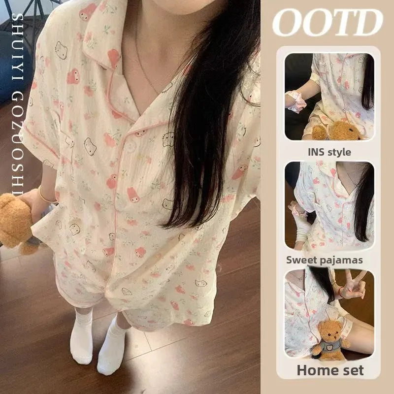 Cute Girl's Summer Cotton Linen ort Sve Nightgown Home Clothes Set Bear Print Gauze Spwear Simple Home Sle