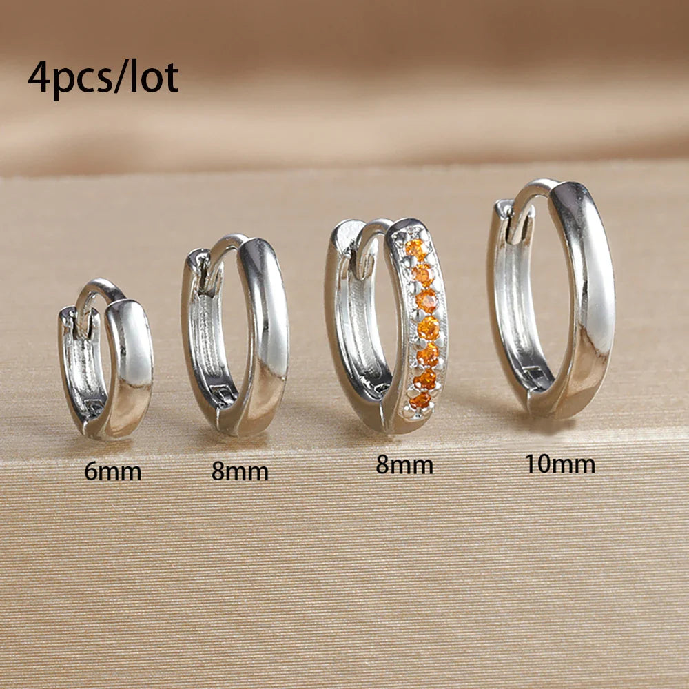 4PCS Set Stainless Steel Huggie Minimal Hoop Earrings 6/8/10mm Crystal Zirconia Helix Tragus Cartilage Earrings Piercing Jewelry