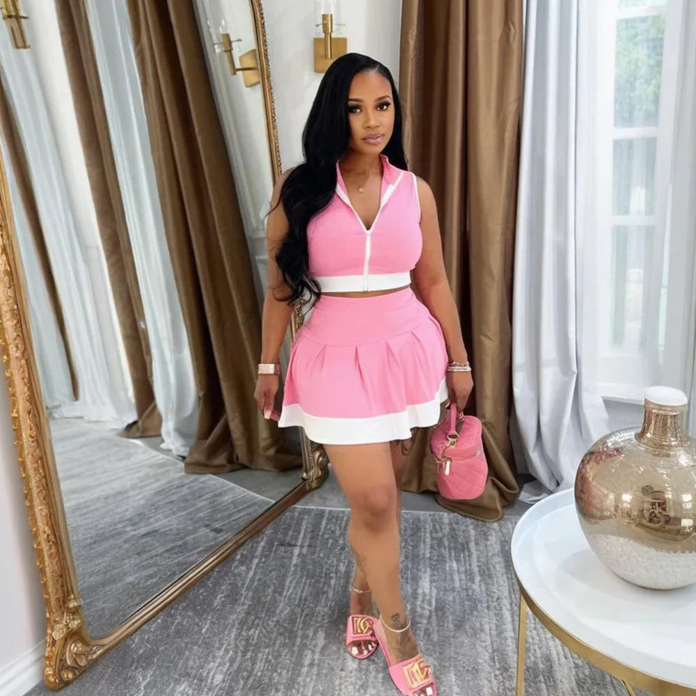 CM.YAYA Women's Set Sleeveless V-neck Vest  + Pleated Skirts 2025 Summer Cute Street Beach Two 2 Piece Sets Outfits Tracksuit