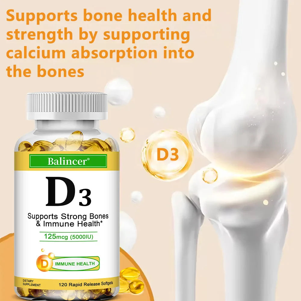 Balincer Vitamin D3 5000 IU (125 Mcg), Dietary Supplement for Bone, Teeth, Muscle and Immune Health Support, 30/60/120 Softgels