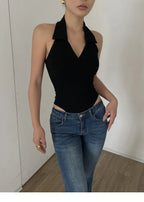 American Style Spicy Girl Sleeveless Polo Neck Solid Bodysuits Women's 2024 Summer New Sexy Backless High Waisted Slim Top Q29N