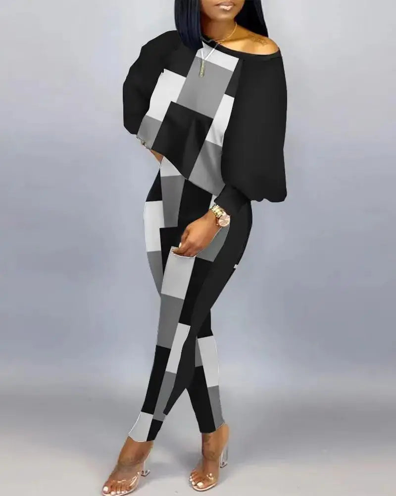 2024 New Autumn Women's Long-Sleeved Round Neck Off-Shoulder Fashion Casual Suit Pants Set Woman Coordinated Pants Sets