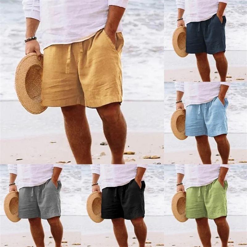 2025 New Summer New Men's Cotton Linen Breathable Shorts Hawaii Beach Pants Male Solid Color Trousers Loose Versatile Streetwear