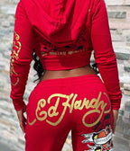 Bangniweigou Skull Love Print Zipper Short Cardigan + High Waist Straight Leg Pants Two Piece Set Women Tracksuit Autumn Winter