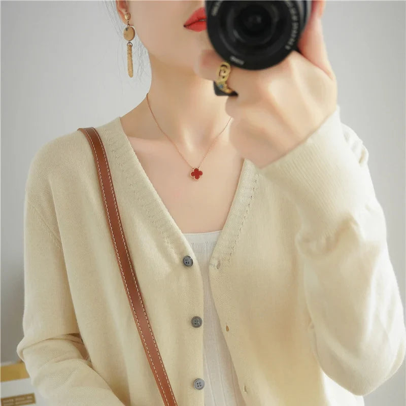 100% Cotton Line Long Sleeve V-Neck Knitted Cardigan Women Loose Short Solid Color Simple Sun Protection SMY K61
