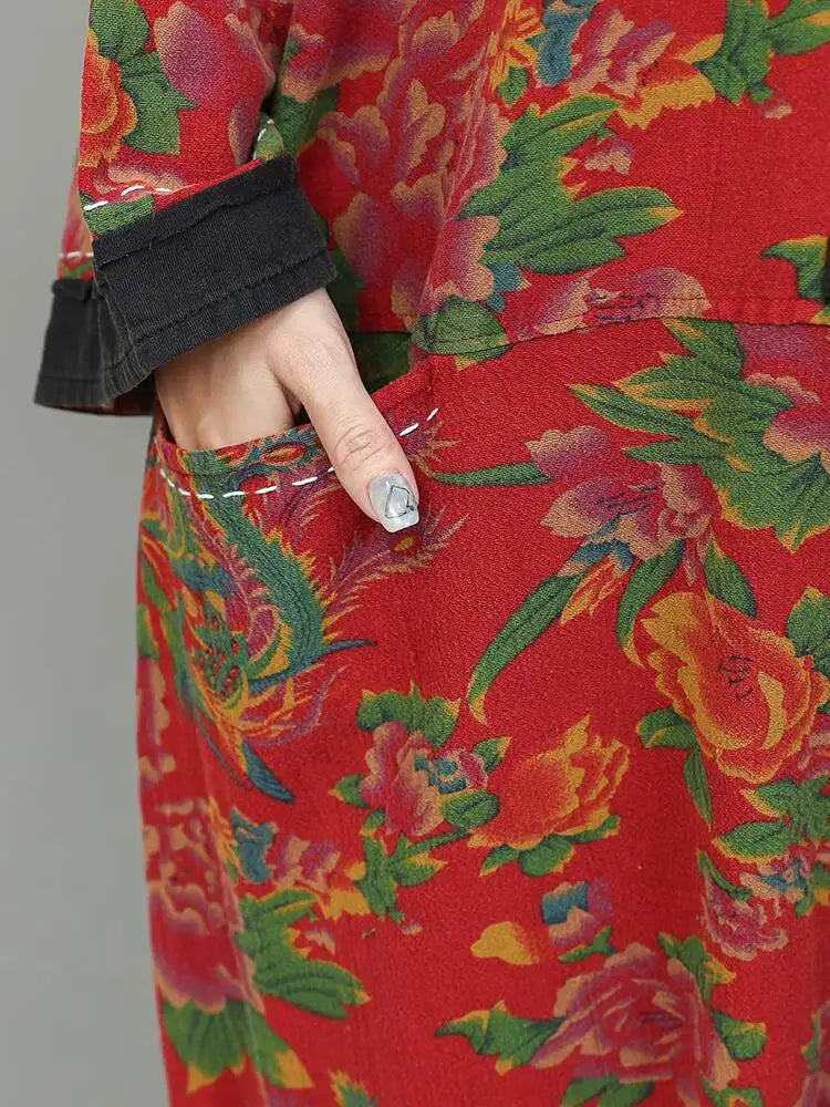 Artistic Large Floral Cotton Linen Chinese Style Button Embroidery Loose Casual Jumpsuit Women LX4344