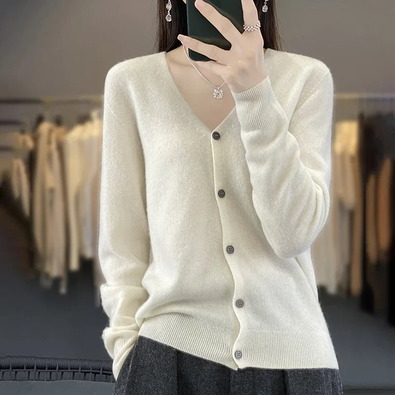 100 Merino Wool Knitted V-neck Sweater Women's Top Loose Korean Version Fashionable Versatile Autumn And Winter Cashmere Sweater