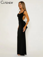 Cutenew Women's Elegant Solid Maxi Dress Sexy Halter Spaghetti Lady Long Dresses Bowknot Lace-up Girl Backless Female Party Robe