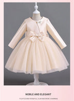 ELBCOS 4-14Y Girls Tie Crew Neck Long Sleeves Solid Color Fold Skirt Cardigan Coat Waist Bow Costumes Princess Party Dress Suit