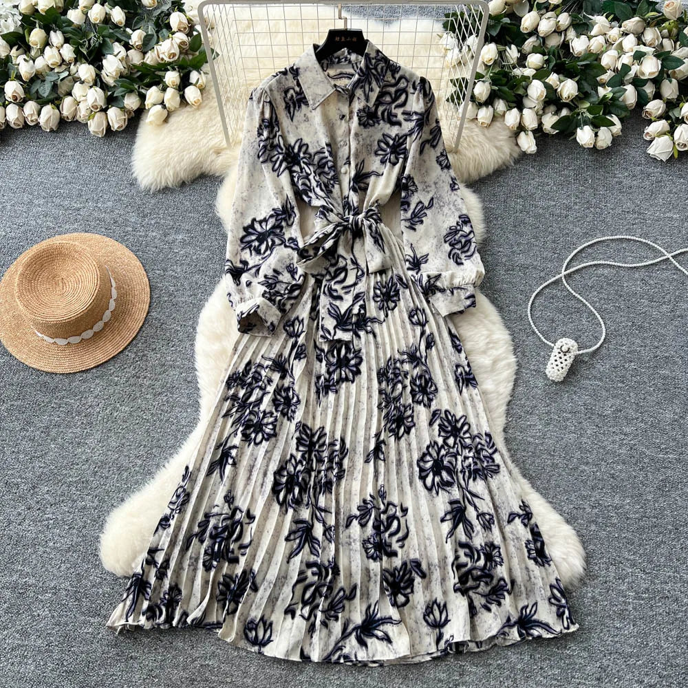 Chic vintage long sleeve turn-down collar button pleated Elegant Fairy korean fashion Boho women clothing Long dress