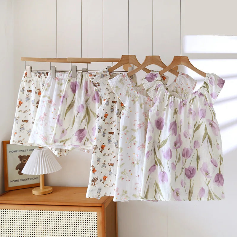 2025 Women's New Summer Pajama Set 100% Cotton Crepe Vest+Shorts Two Piece Loose Home Clothing Set Sleepwear Ladies