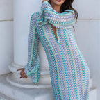 Crochet Colorful Stripe Flare Sleeve Maxi Dress Women V-neck High Split Sexy Lace Long Dresses 2024 New Beach Banquet Vestidos