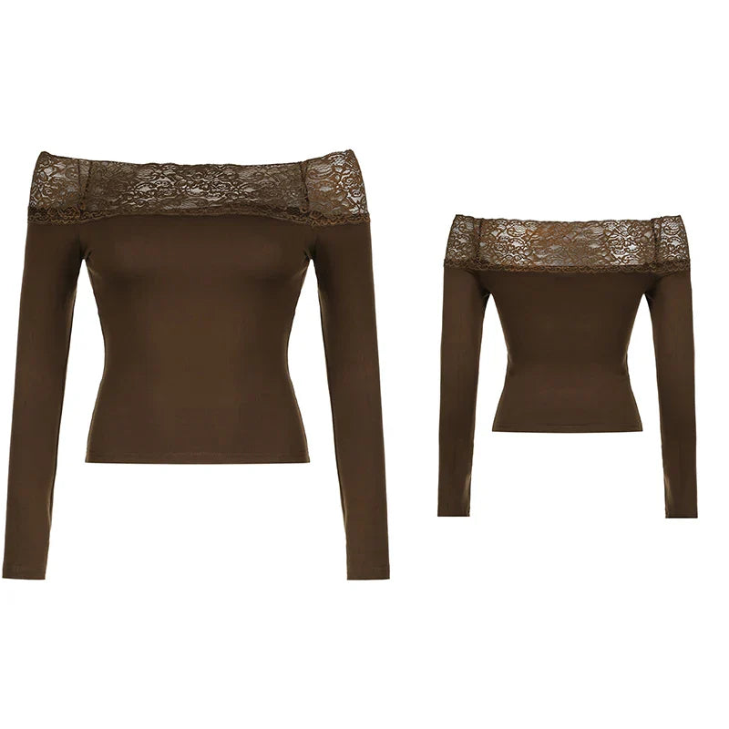 Cuteandpsycho Lace Patchwork Solid Slim Tee Shirts Long Sleeves V-neck Aesthetic Fashion Clothes Vintage Streetwear Black Tops