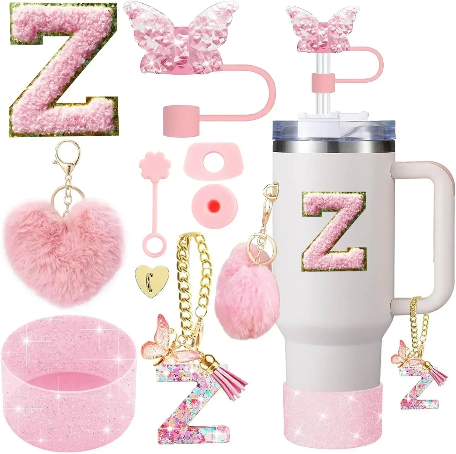 9PCS Accessory Set for Stanley Cup 30oz 40oz Butterfly Straw Cover Cap Silicone Boot Charm Initials Sticker Spill Proof Stopper