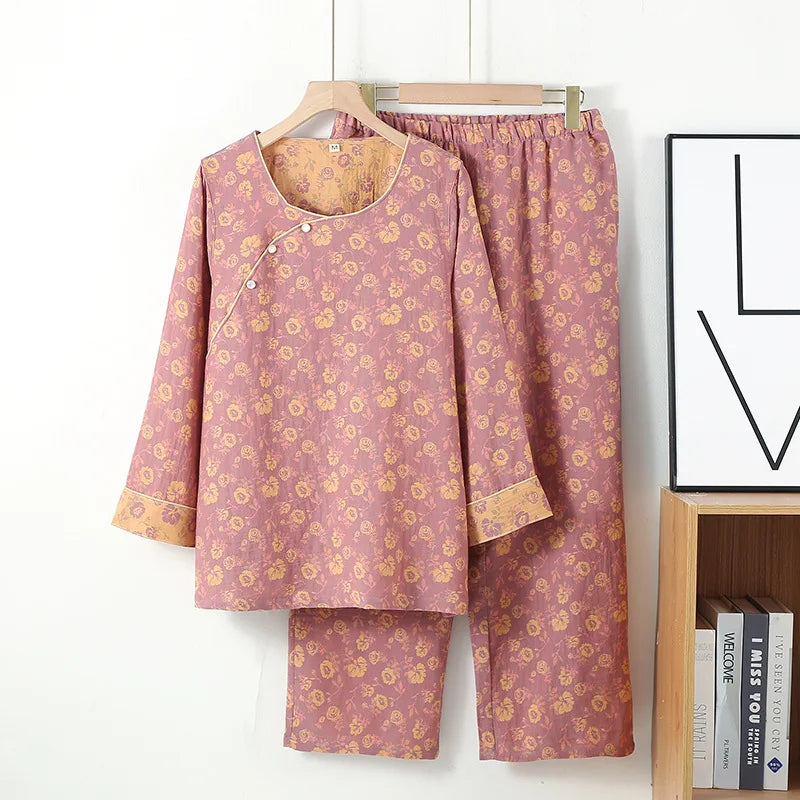 Chinese Style Women's Pajamas, Pure Cotton, Retro Color, Woven Jacquard, Home Clothing, Long Sleeves Trousers, Diagonal Collar