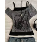 American Retro Sweetheart Red Lips Letter Print Slim Short-sleeved T-shirt Women Summer Fashion Street Hot Sexy Casual Top