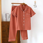 2025 New Japanese Spring/Summer Couple Pajama Set 100% Cotton Crepe Short Sleeve and Long Pants Two Piece Home Suit Thin Style