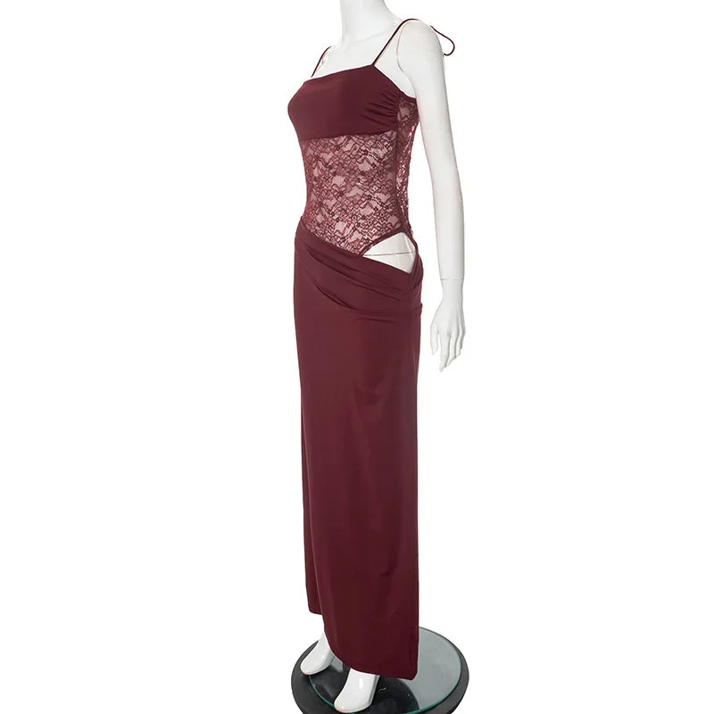 Elegant Lace Cut Out Maxi Dresses for Women 2025 Sexy Spaghetti Strap Patchwork Holidays Party Dress Summer Backless Long Dress
