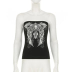 CIBBAR Gothic Print Black Tube Top Women Strapless Skinny Cropped Tops Summer Casual Chic Graphic Tees y2k Streetwear Vest Basic