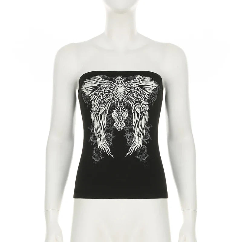 CIBBAR Gothic Print Black Tube Top Women Strapless Skinny Cropped Tops Summer Casual Chic Graphic Tees y2k Streetwear Vest Basic