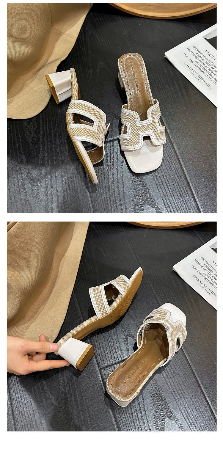 2025 Summer new arrival,fashion style grids high heel slippers for woman,thick heel outwear beach sandals for women