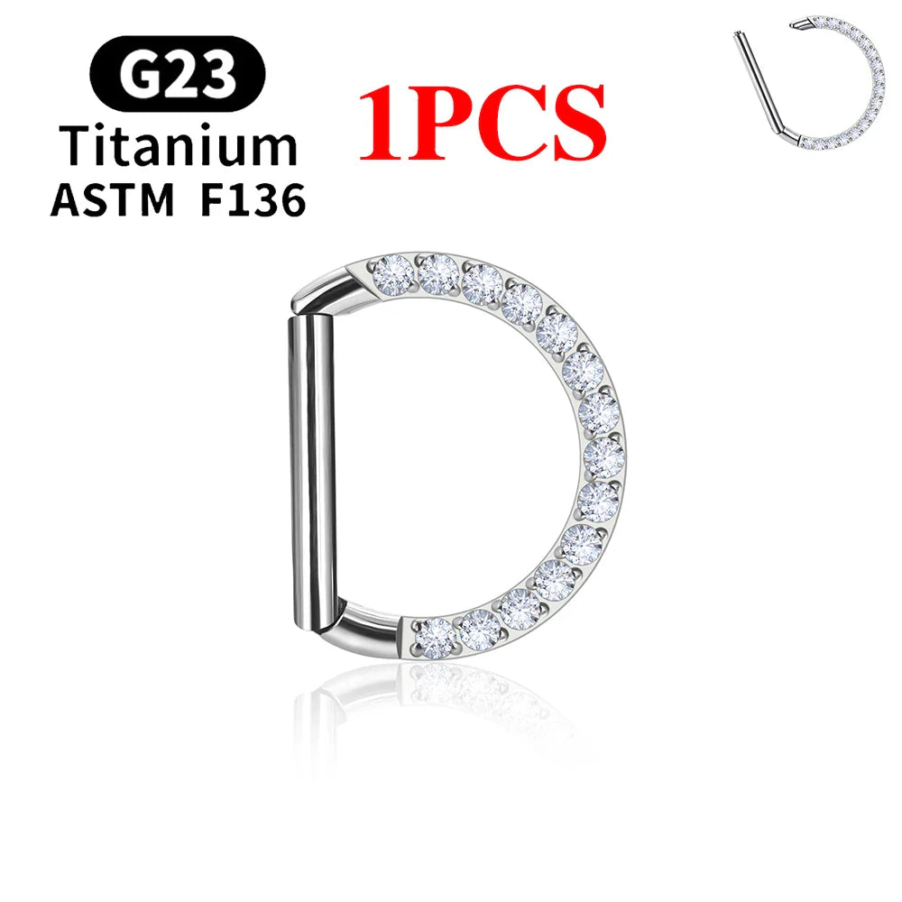 1/10PCS F136 G23 Titanium Piercing Nose Ring D Shape Hinged Segment CZ 16G Clicke Cartilage Tragus Helix Earrings Body Jewelry