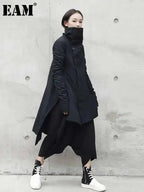 EAM 2024 New Fashion Winter Stand Collar Irregular Long Type Black Cotton-padded Clothes Loose Coat Black Jacket Woman YA771