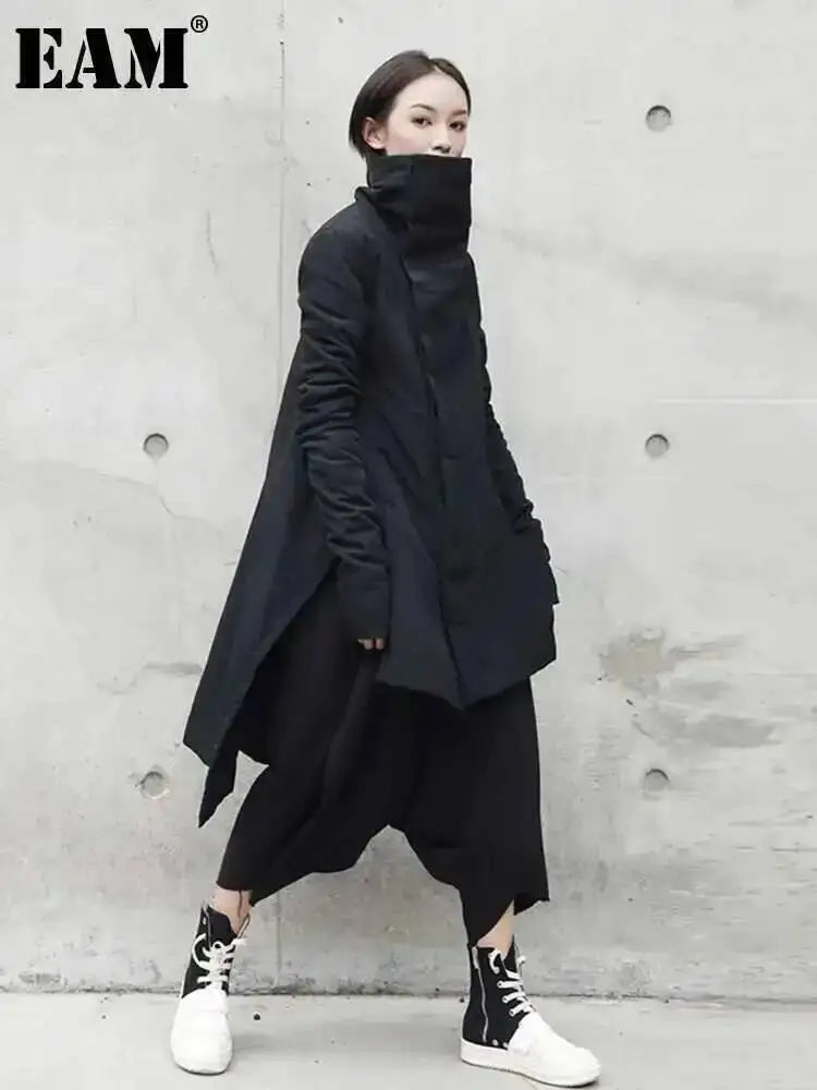 EAM 2024 New Fashion Winter Stand Collar Irregular Long Type Black Cotton-padded Clothes Loose Coat Black Jacket Woman YA771