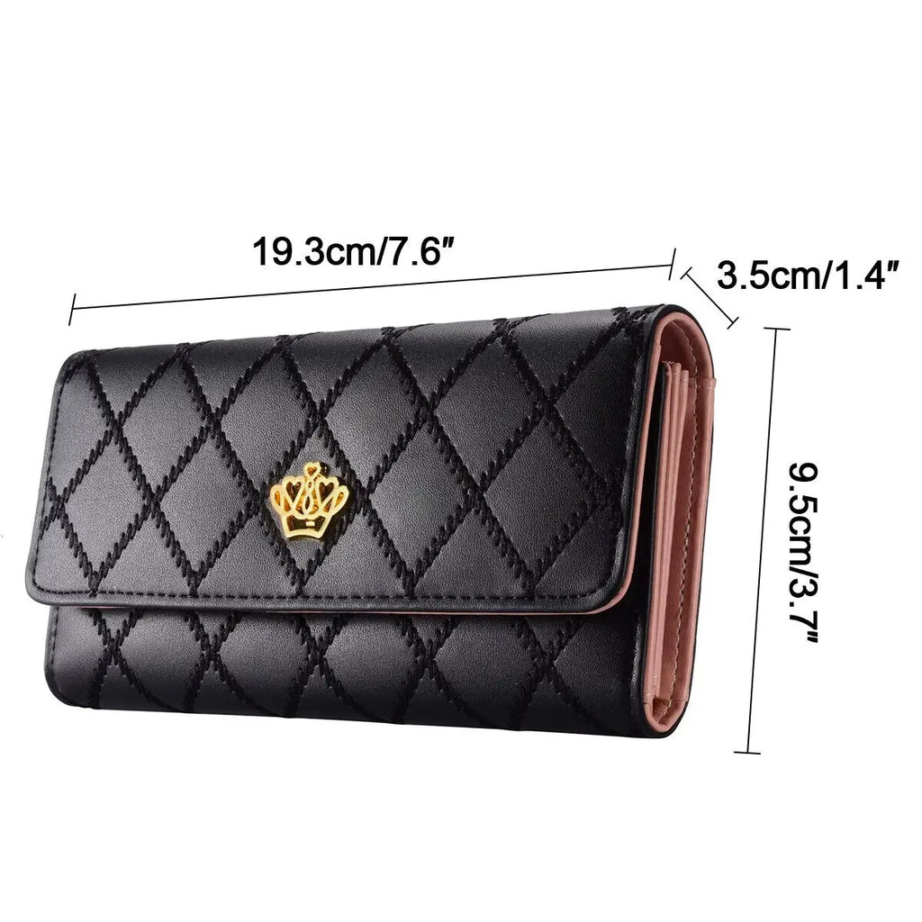 Black Long Wallets for Women PU Leather Diamond Pattern Purse Card Holder Crown Buckle Ladies Phone Bag Fashion Clutch Bag