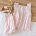 2025 Japanese summer new women's pajamas suit short-sleeved shorts two-piece 100% cotton crepe simple checked thin home clothes