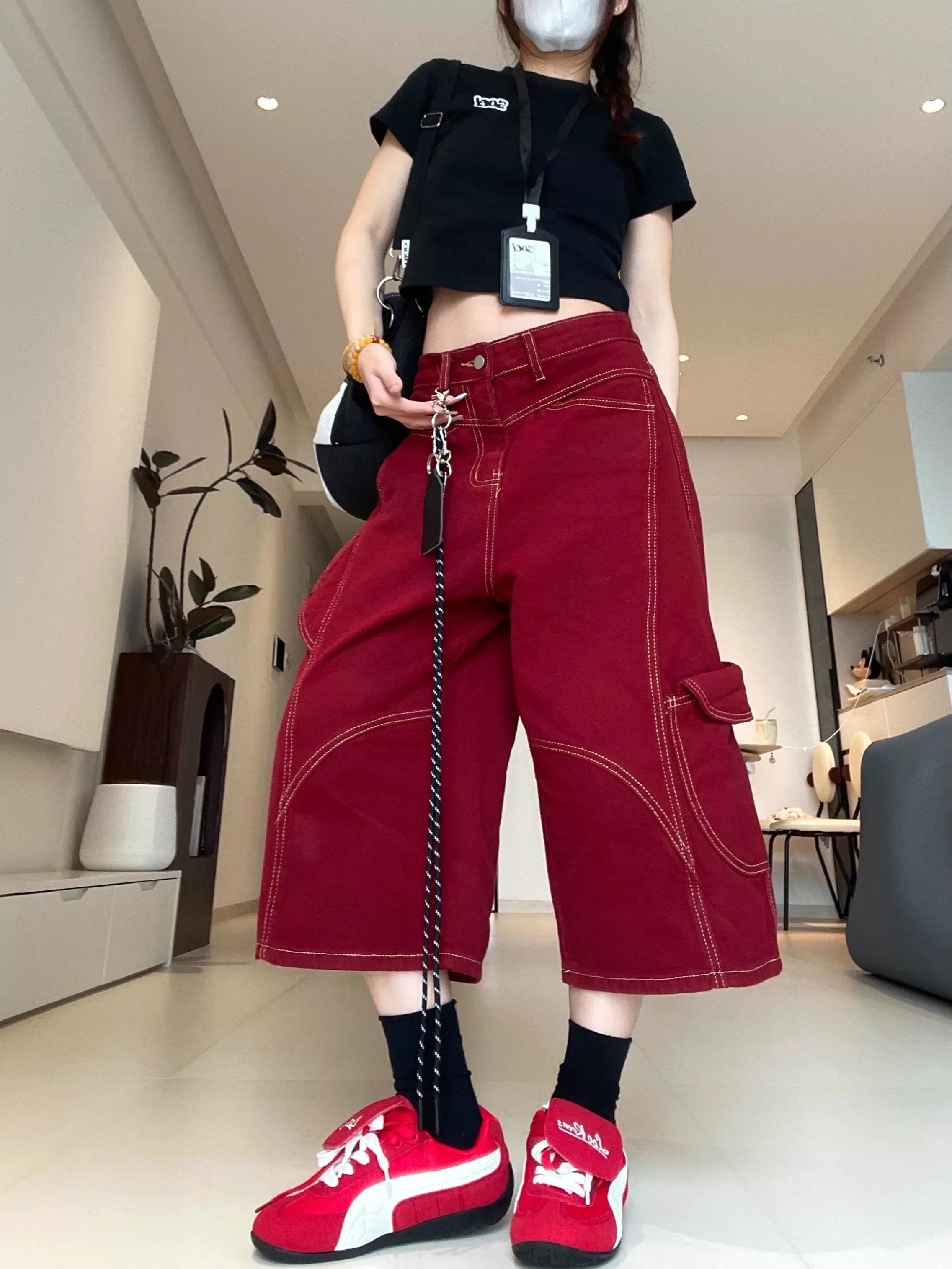 Botvotee Burgundy Calf Jeans for Women High Waisted Wide Leg Baggy Cargo Denim Shorts 2000s Y2k Vintage Streetwear Short Jeans