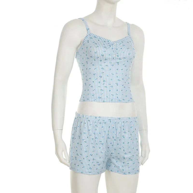 Combhasaki Women Summer Y2K 2Piece Pajamas Loungewear Set Plaid Floral Print Button Camisole Crop Tops +Elastic Low Waist Shorts