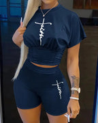 Casual O-neck Short Sleeve T-shirt Shorts Set Office Lady Summer Letter Print Tops Solid Shorts Two Piece Set Women Outfit 2024