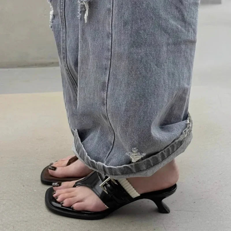 2025 New French Small Cool Drag Square Toe Flip Flops Stiletto Slippers for Women