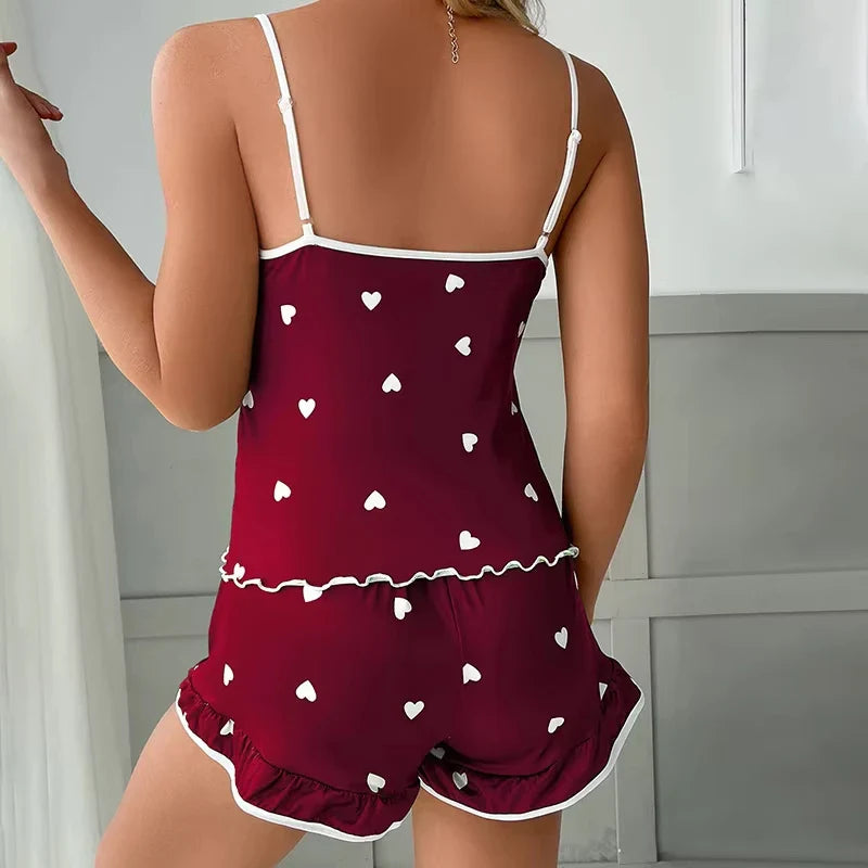2025 Summer Pajama 2Pcs Set Large Size Vest Ruffle Shorts Women's Suspenders Soft Casual Cute Printed Women pajamas set Sexy Bow