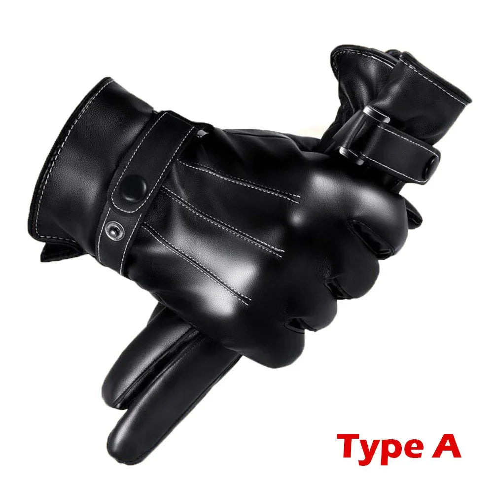 1 Pair High Quality Full Finger Black Riding Gloves Men PU Leather Glove Winter Warm Touch Screen Gloves