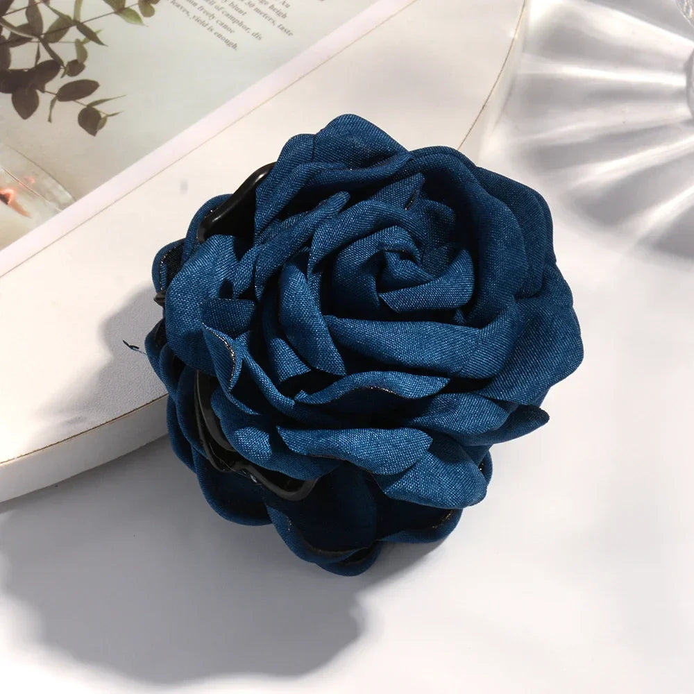 16 Colors Sweat Medium Size Cotton Fabric Rose Flower Hair Claw Clips for Women Korean Ctach Shark Clamp Hair Accessories 2024