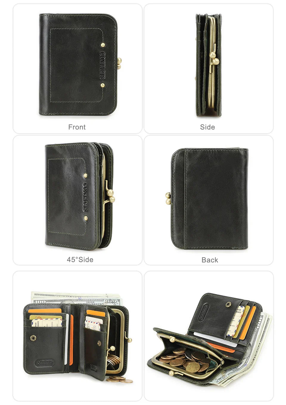 CONTACT'S Genuine Leather Short Wallets for Women Kiss Lock Classic Wallet Metal Frame Coin Purses Card Holder Money Clip Bags