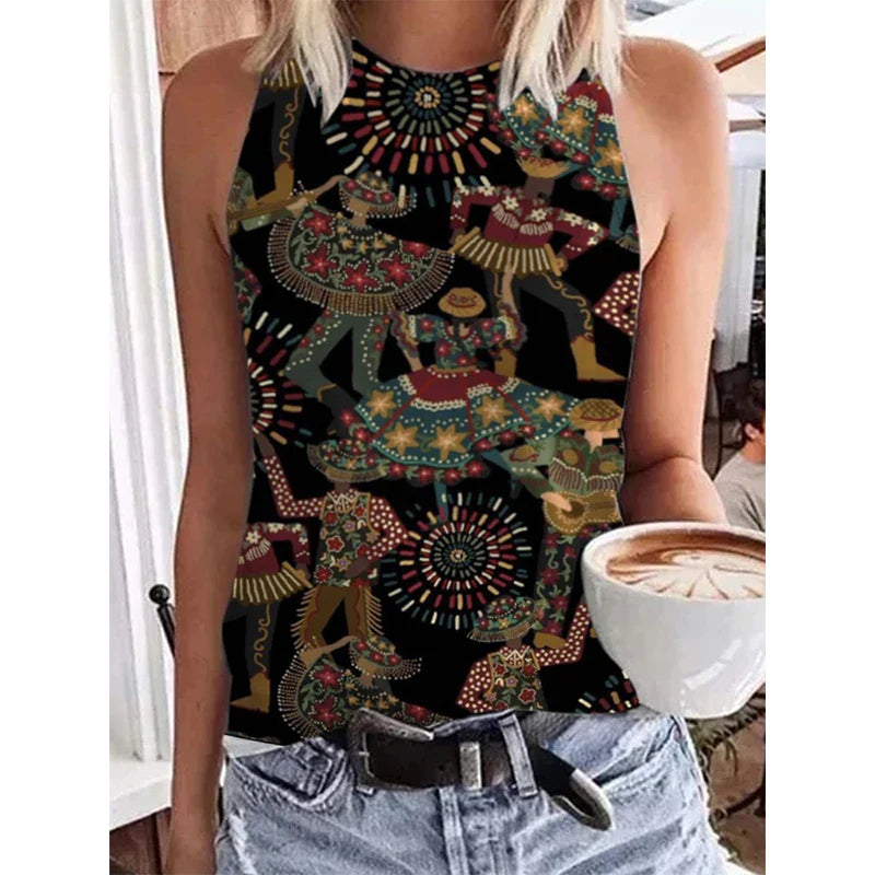 Ethnic Style Paisley 3D Print Tank Tops Women Retro Streetwear Y2k Oversized O-Neck Vest Off Shoulder Sleeveless Woman Camisole
